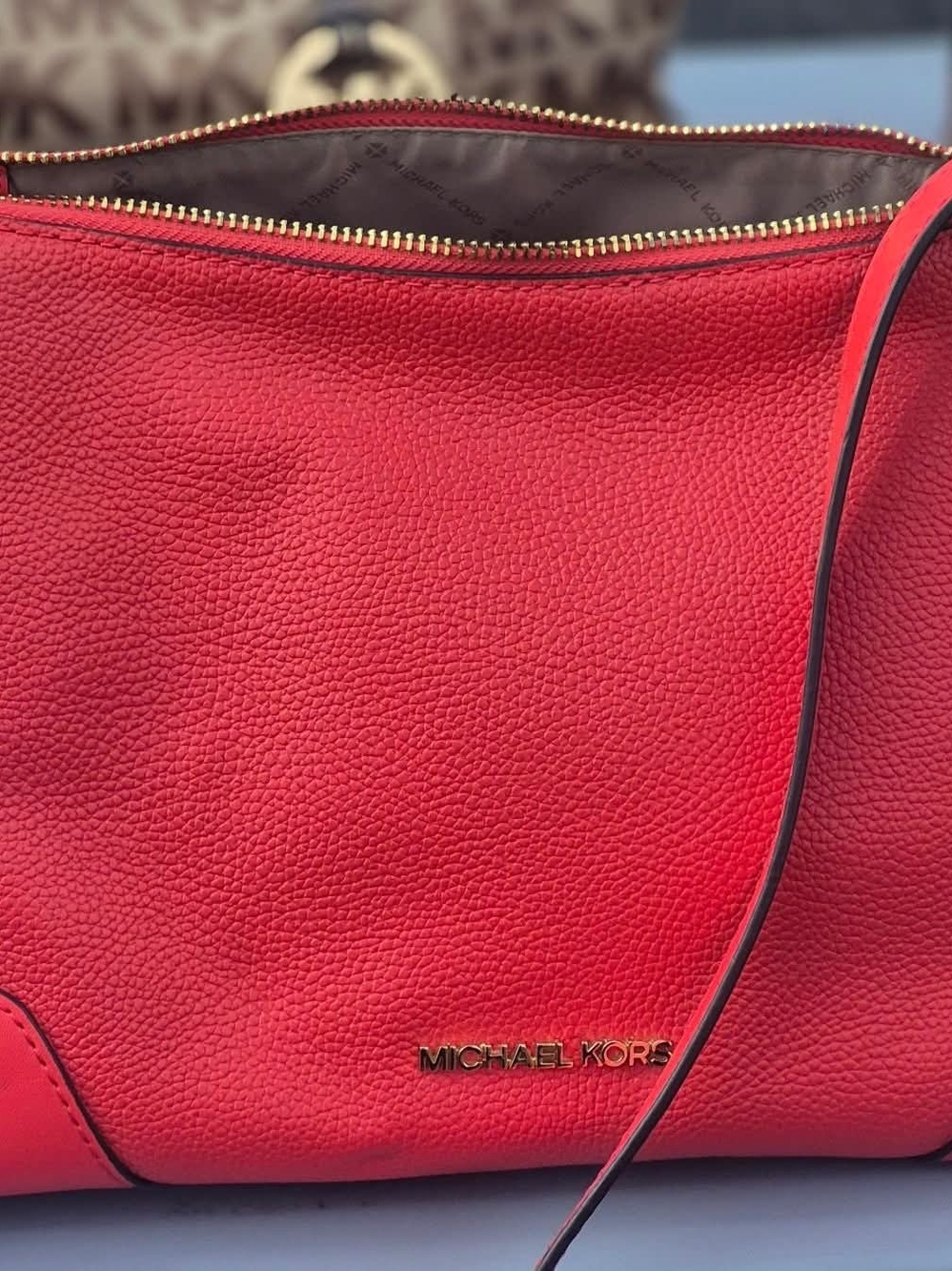 Michael Kors Red Pebbled Leather Shoulder Bag with Gold Hardware